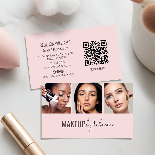 Cartão De Visita Blush Pink 3 Photo QR Code Modern Makeup (An elegant and modern aesthetic for your makeup business, with fully customizable photos & QR code)
