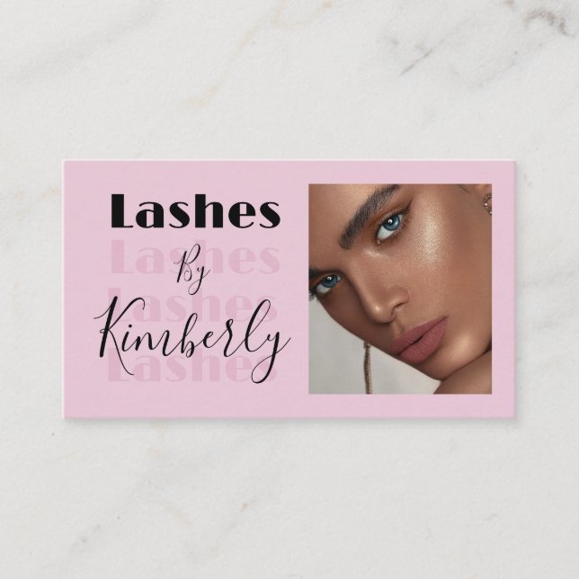 Cartão De Visita Blush Pink Black Script Photo Lashes Business Card (Frente)