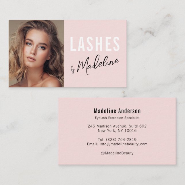 Cartão De Visita Blush Pink Black Script Photo Lashes Studio (Frente/Verso)