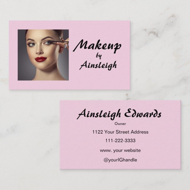 Cartão De Visita Blush Pink Black Script Photo Makeup (Frente/Verso)