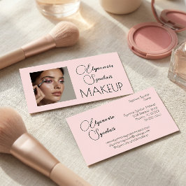 Cartão De Visita Blush Pink Black Script Photo Makeup 