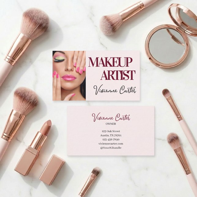 Cartão De Visita Blush Pink Black Script Photo Makeup (Makeup Artist Blush Pink Business Card with Photo)