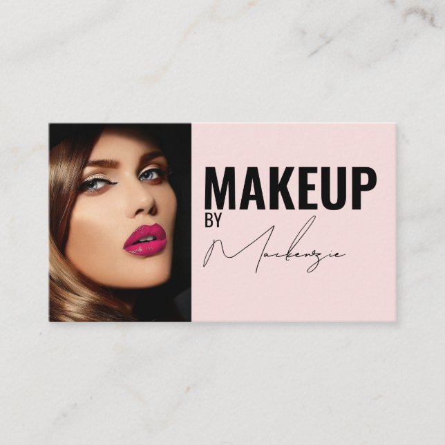 Cartão De Visita Blush Pink Black Script Photo Makeup Business Card (Frente)