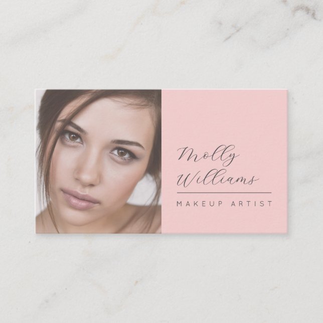 Cartão De Visita Blush Pink Black Script Photo Makeup Business Card (Frente)
