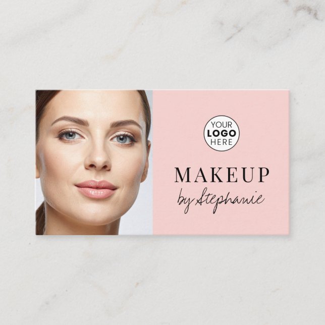 Cartão De Visita Blush Pink Black Script Photo Makeup Business Card (Frente)