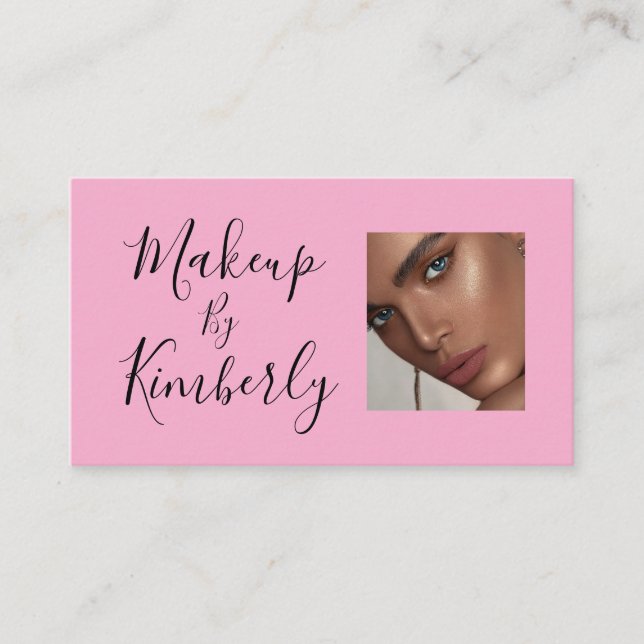 Cartão De Visita Blush Pink Black Script Photo Makeup Business Card (Frente)