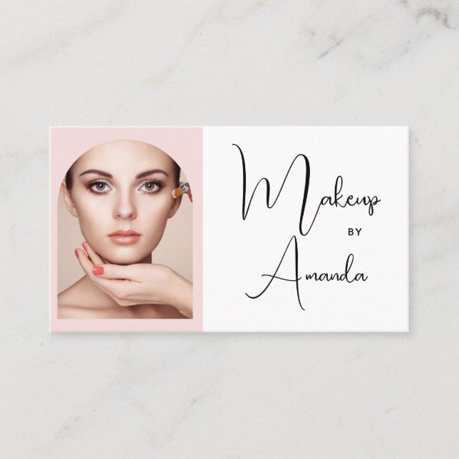 Cartão De Visita Blush Pink Black Script Photo Makeup Business Card (Frente)