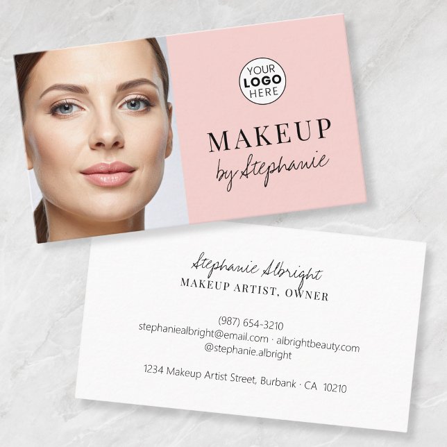 Cartão De Visita Blush Pink Black Script Photo Makeup Business Card (Criador carregado)