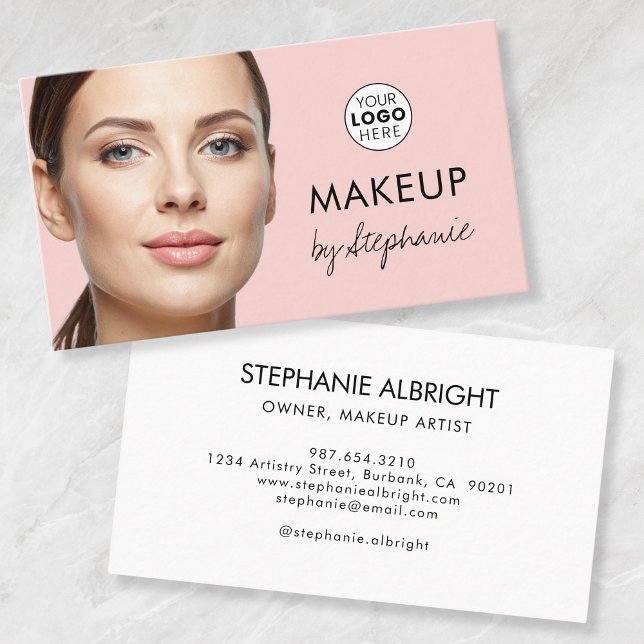 Cartão De Visita Blush Pink Black Script Photo Makeup Business Card (Criador carregado)