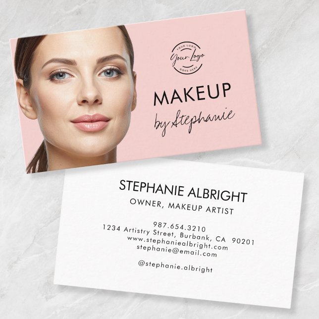 Cartão De Visita Blush Pink Black Script Photo Makeup Business Card (Criador carregado)