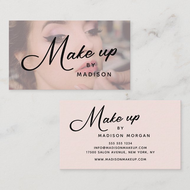 Cartão De Visita Blush Pink Black Script Photo Makeup Business Card (Criador carregado)