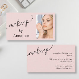 Cartão De Visita Blush Pink Black Script Photo Makeup Business Card