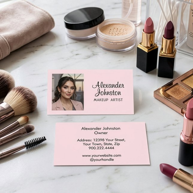 Cartão De Visita Blush Pink Black Script Photo Makeup Business Card (Blush Pink Black Script Photo Makeup Bussiness Card)