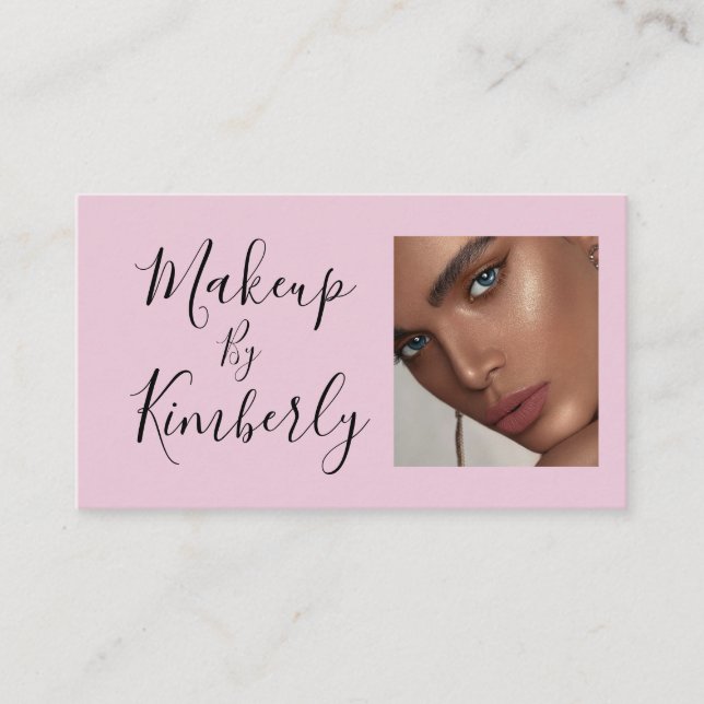 Cartão De Visita Blush Pink Black Script Photo Makeup Business Card (Frente)