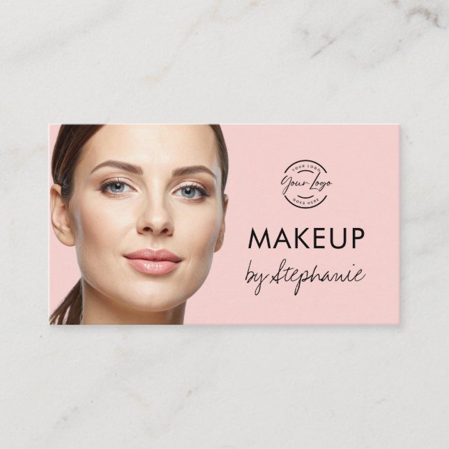 Cartão De Visita Blush Pink Black Script Photo Makeup Business Card (Frente)