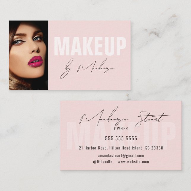 Cartão De Visita Blush Pink Black Script Photo Makeup Business Card (Frente/Verso)