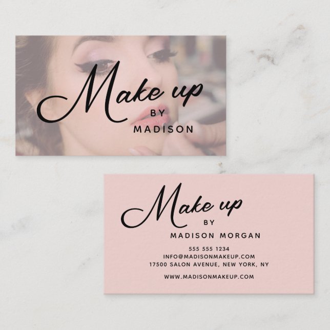 Cartão De Visita Blush Pink Black Script Photo Makeup Business Card (Frente/Verso)