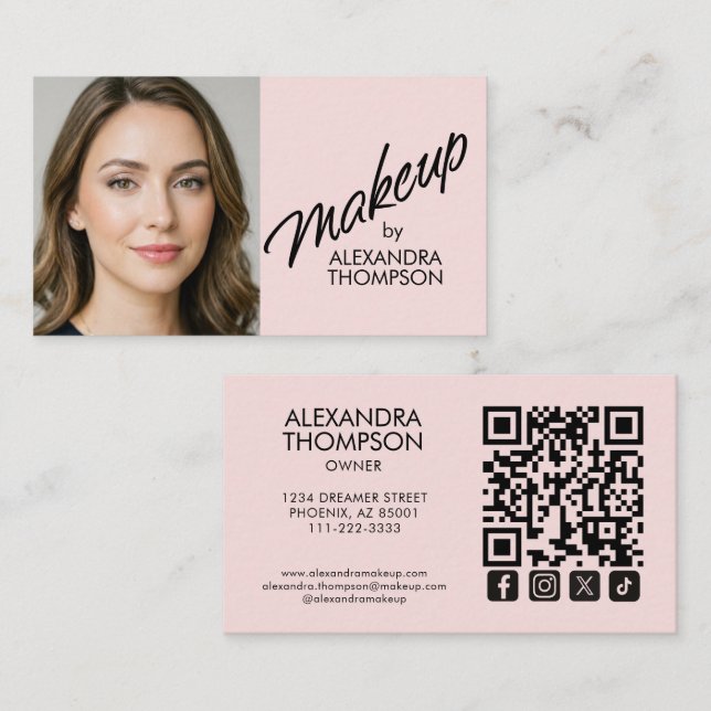 Cartão De Visita Blush Pink Black Script Qr Code Social Icon Makeup (Frente/Verso)