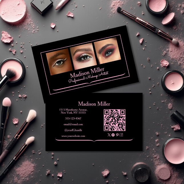 Cartão De Visita Blush Pink Black Social Icon QR Code Photo Makeup (Criador carregado)