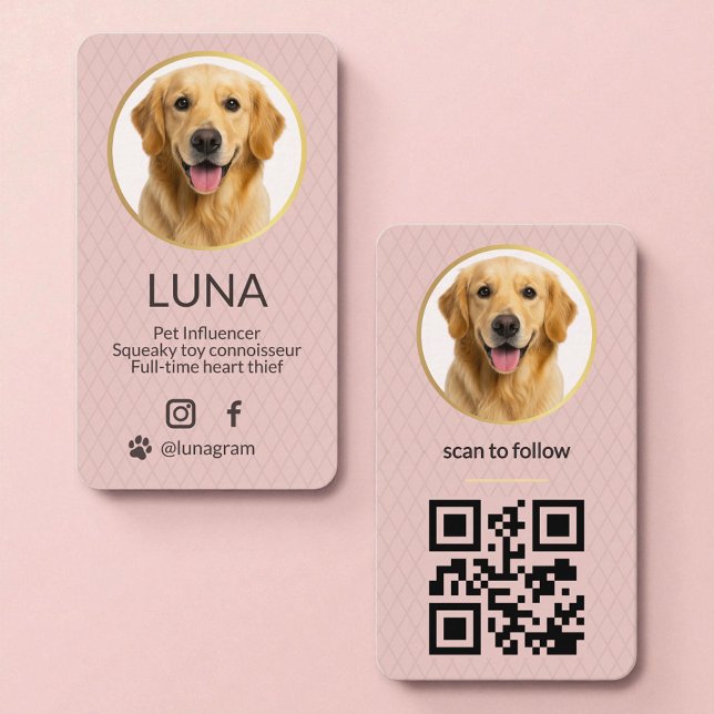 Cartão De Visita Blush Pink Dog Pet Photo Social Media QR Code (Criador carregado)