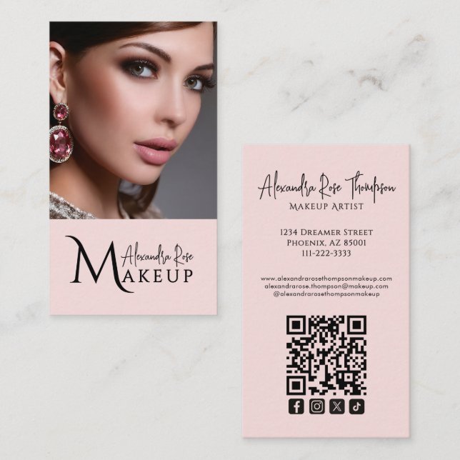 Cartão De Visita Blush Pink Makeup Artist Qr Code Social Icon (Frente/Verso)