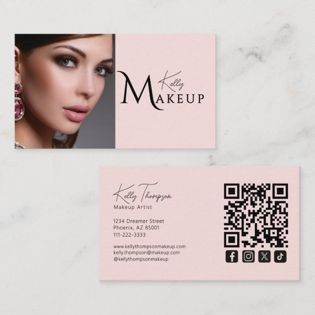 Cartão De Visita Blush Pink Makeup Artist Qr Code Social Icon (Frente/Verso)