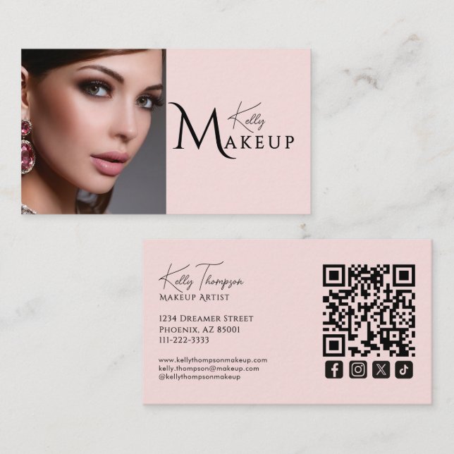 Cartão De Visita Blush Pink Makeup Artist Qr Code Social Icon (Frente/Verso)