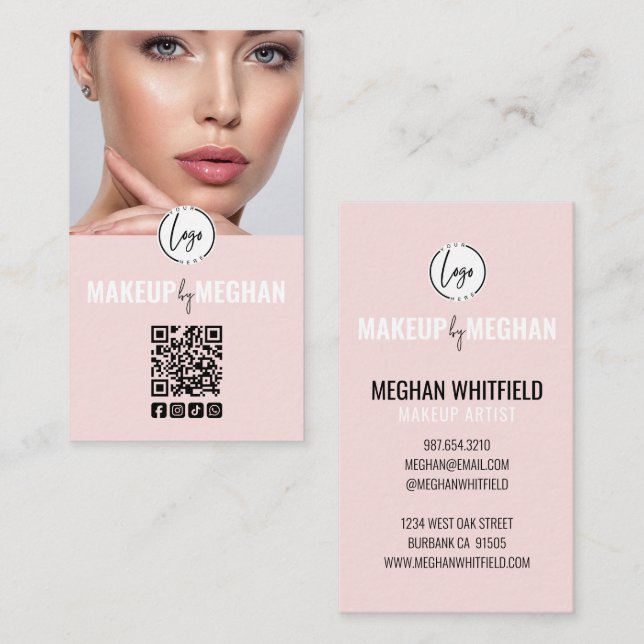Cartão De Visita Blush Pink Modern Logo QR Code Photo Makeup Busine (Frente/Verso)