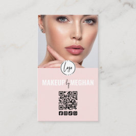 Cartão De Visita Blush Pink Modern Logo QR Code Photo Makeup Busine