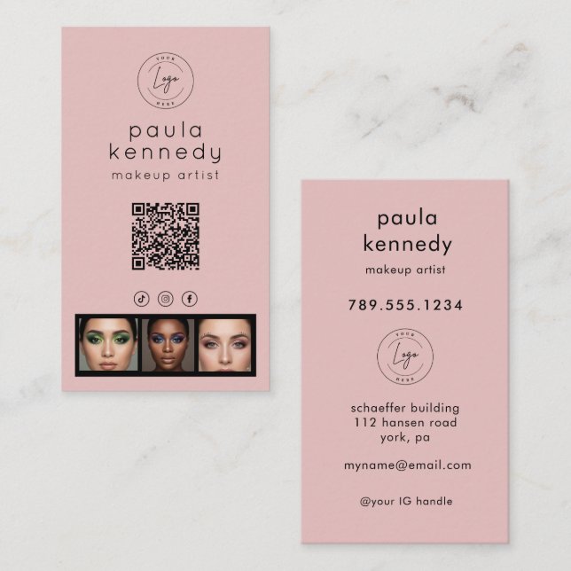 Cartão De Visita Blush Pink Modern Photo Logo QR Code (Frente/Verso)