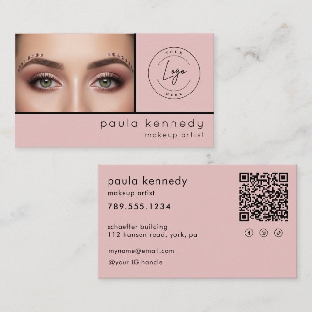 Cartão De Visita Blush Pink Modern Photo Makeup QR Code (Frente/Verso)
