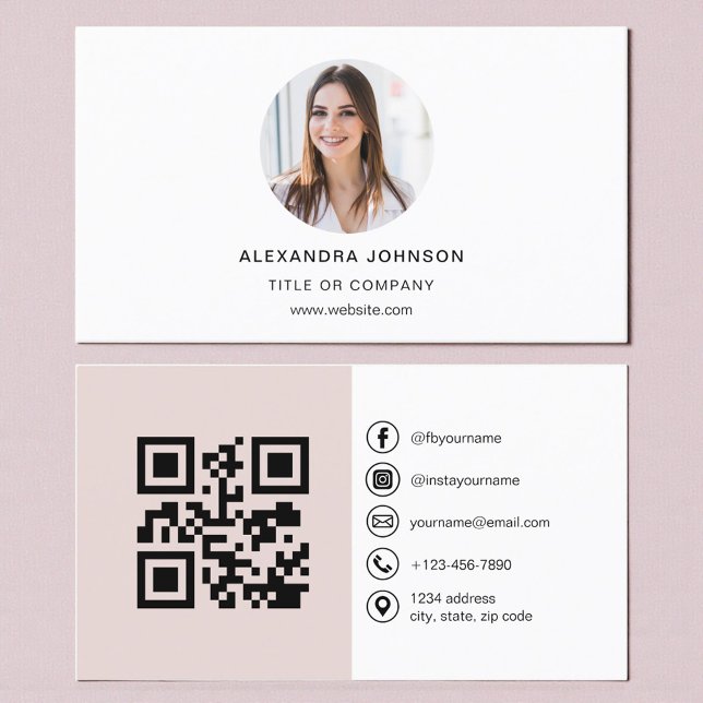 Cartão De Visita Blush Pink Modern Photo with QR Code Social Media (Criador carregado)