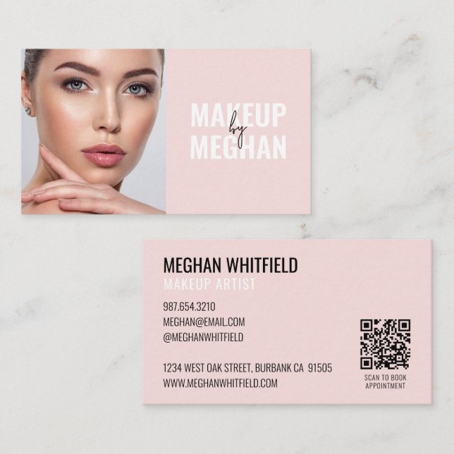 Cartão De Visita Blush Pink Modern Social Icon QR Code Photo Makeup (Frente/Verso)