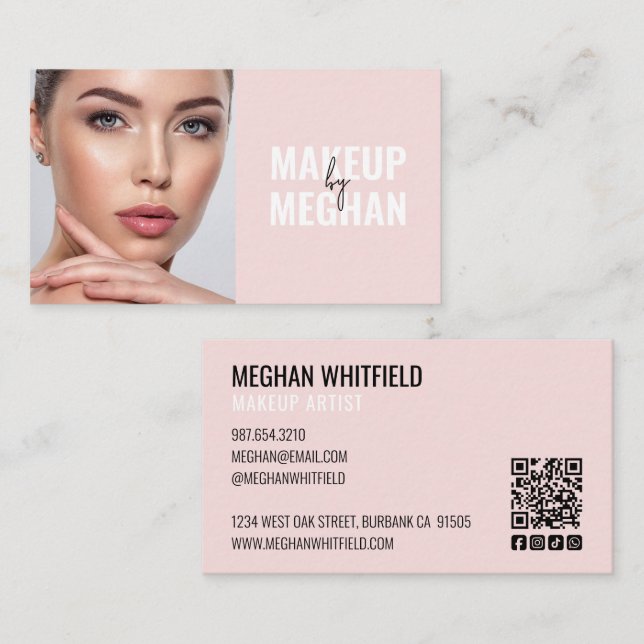 Cartão De Visita Blush Pink Modern Social Icon QR Code Photo Makeup (Frente/Verso)