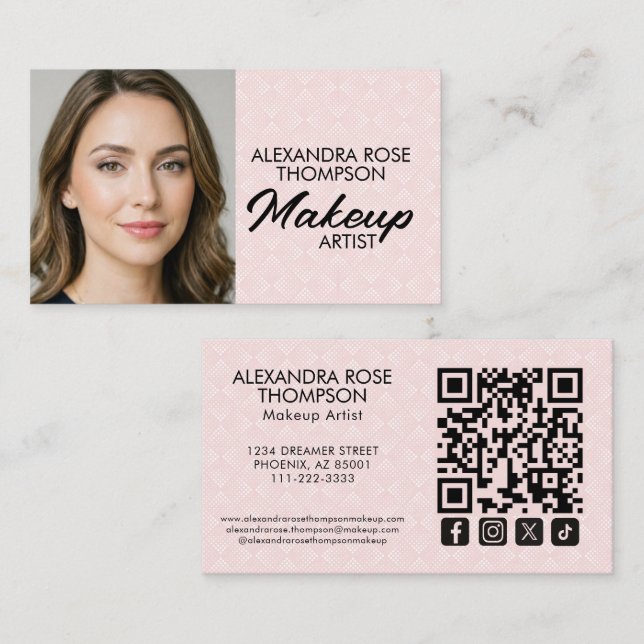 Cartão De Visita Blush Pink Pattern Makeup Artist Qr Social Icon (Frente/Verso)