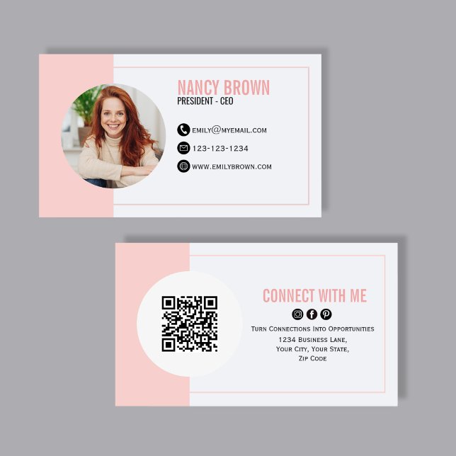 Cartão De Visita Blush Pink Photo QR Code Connect With Me (Soft blush pink photo networking card with QR code back, clean minimalist layout, and elegant modern)