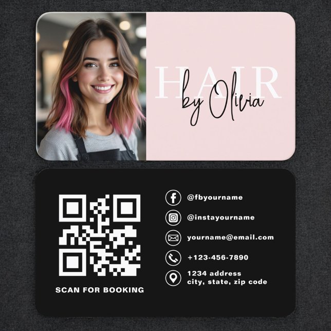 Cartão De Visita Blush Pink Photo QR Code Hair Stylist (Criador carregado)