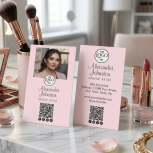 Cartão De Visita Blush Pink Script Ícone Social Código QR Foto Maqu