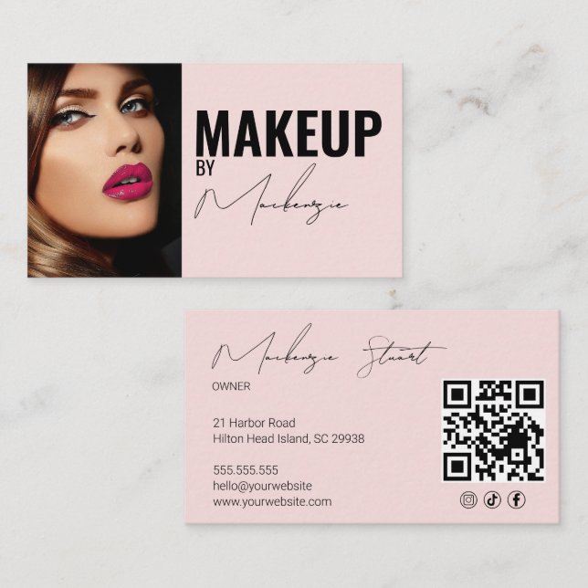 Cartão De Visita Blush Pink Script Ícone Social QR Code Foto Maquia (Frente/Verso)