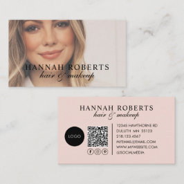 Cartão De Visita Blush Pink Script Logo QR Code Photo Business Card
