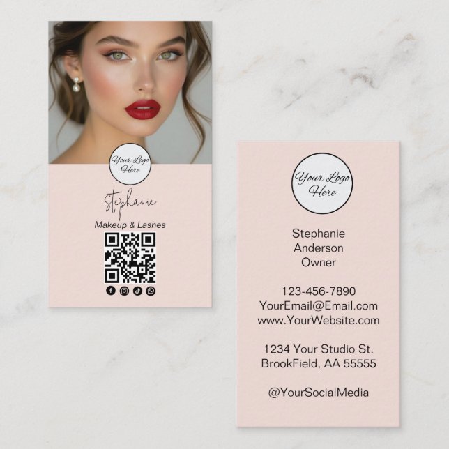 Cartão De Visita Blush Pink Script Logo QR Code Photo Business Card (Frente/Verso)
