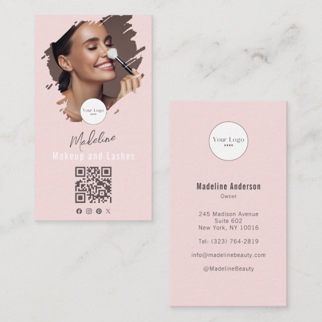 Cartão De Visita Blush Pink Script Logo QR Code Photo Makeup (Frente/Verso)