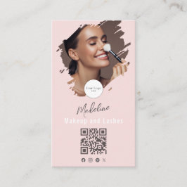 Cartão De Visita Blush Pink Script Logo QR Code Photo Makeup