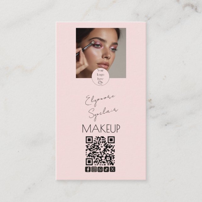 Cartão De Visita Blush Pink Script Logo QR Code Photo Makeup (Frente)