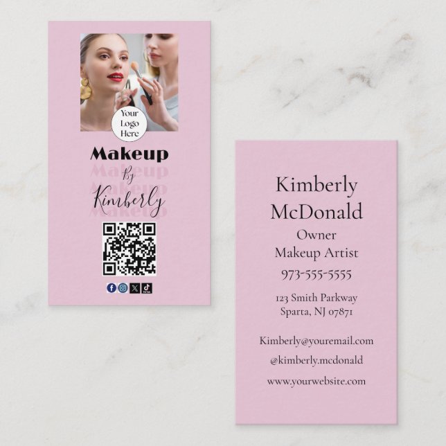 Cartão De Visita Blush Pink Script Logo QR Code Photo Makeup (Frente/Verso)