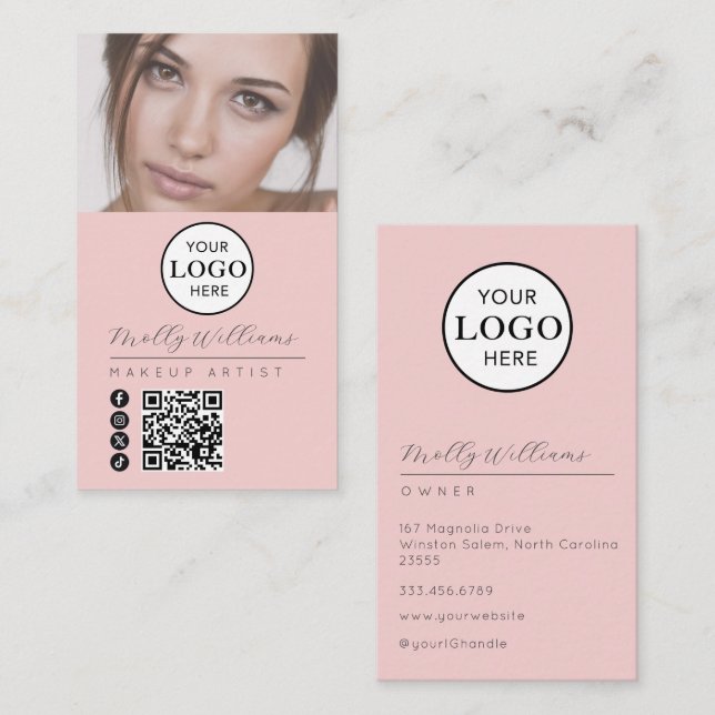 Cartão De Visita Blush Pink Script Logo QR Code Photo Makeup (Frente/Verso)