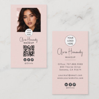 Cartão De Visita Blush Pink Script Logo QR Code Photo Makeup