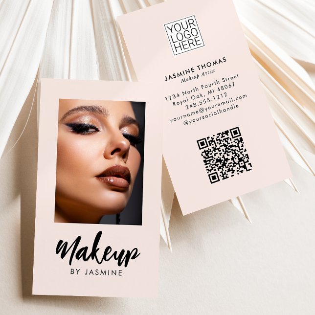 Cartão De Visita Blush Pink Script Logo QR Code Photo Makeup (Criador carregado)