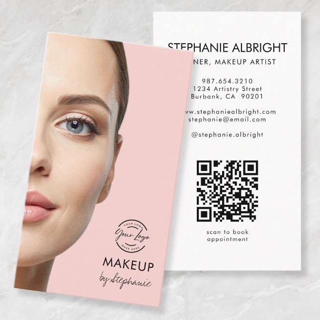 Cartão De Visita Blush Pink Script Logo QR Code Photo Makeup (Criador carregado)