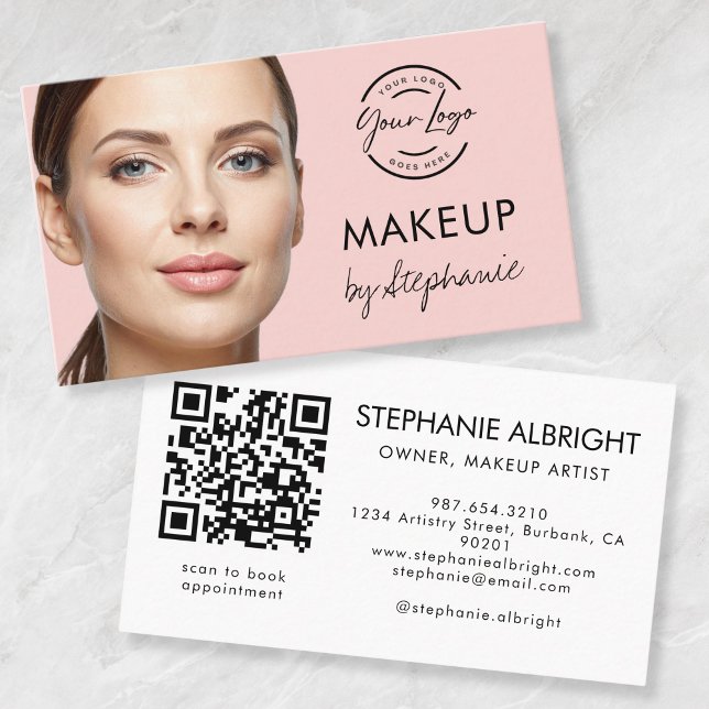 Cartão De Visita Blush Pink Script Logo QR Code Photo Makeup (Criador carregado)